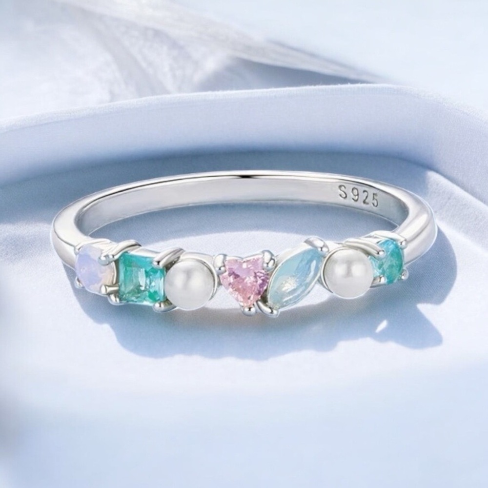 Rainbow Gemstone S925 Silver Ring with Symmetrical Design. New.
